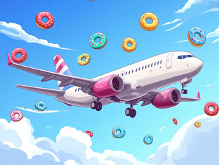 Airplane flying among colorful donuts in a bright sky