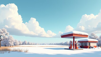 Gas station in snow,  Retro station in snowy meadow under cloudy sky.