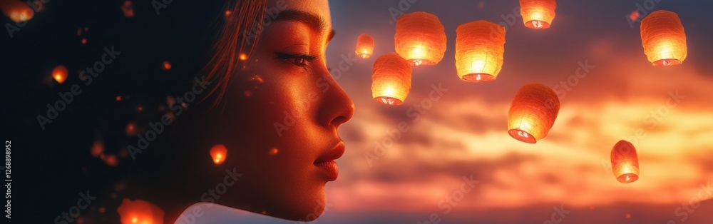 Poster surreal visualization of a woman's face illuminated by floating lanterns against a vibrant sunset ba