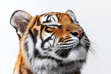 Fototapeta premium A close-up view of a content tiger's face, showcasing its vibrant orange fur, distinctive black stripes, and relaxed expression against a neutral background.