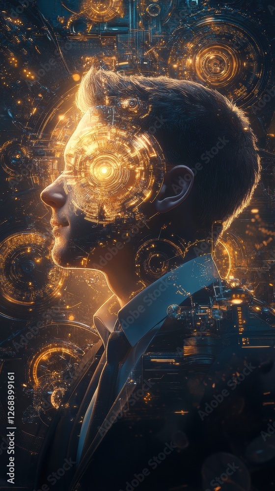 Aufkleber representation of a glowing man surrounded by futuristic design elements in a surreal, dreamlike atm
