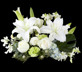 Bouquet of white lilies and roses with yellow carnations and hydrangea on a black background © Nina
