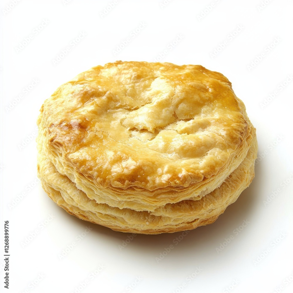 Poster Golden biscuit with flaky texture displayed on a white background inviting taste and satisfaction in a cozy atmosphere