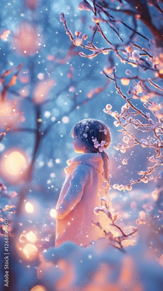 Aufkleber child in a winter wonderland glowing with magic amidst falling snowflakes in a tranquil forest setti