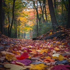 A tranquil forest path adorned with vibrant autumn leaves, inviting exploration and reflection in nature's beauty.