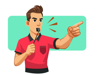 Flat illustration of a football referee blowing a whistle and pointing.