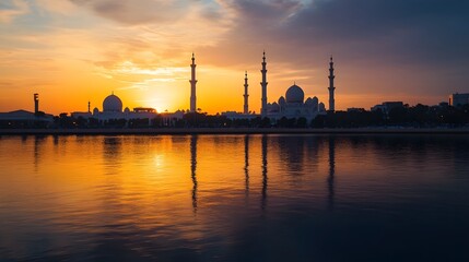 Obraz premium Breathtaking view of the stunning Sheikh Zayed Grand Mosque silhouetted against a vibrant orange and golden sunset its elegant domes and minarets majestically reflected in the calm