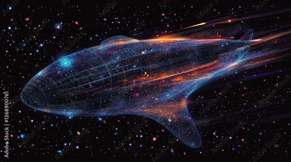 Poster Mystical visualization of a spaceship soaring through a vibrant cosmic landscape with trails of light and stars