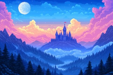Pixel Art Enchanted Castle in a Fantasy Landscape Under a Moonlit Sky at Dusk
