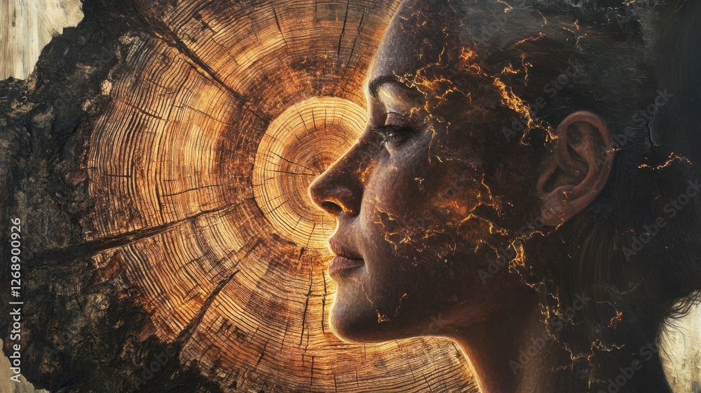 Leinwandbilder Mystical representation of a man's profile illuminated by the textures of nature and cosmic elements featuring a tree ring background