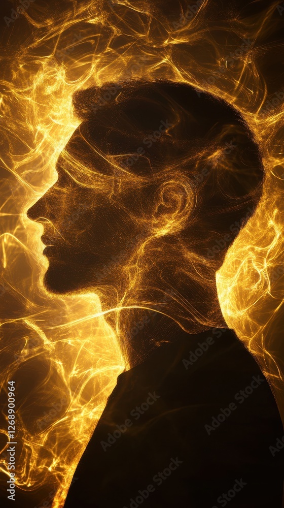 Aufkleber Mystical depiction of a man's profile illuminated by fiery golden swirls representing thoughts and emotions
