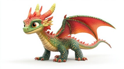 Fototapeta premium Adorable Baby Dragon with Colorful Scales and Wings on White Background