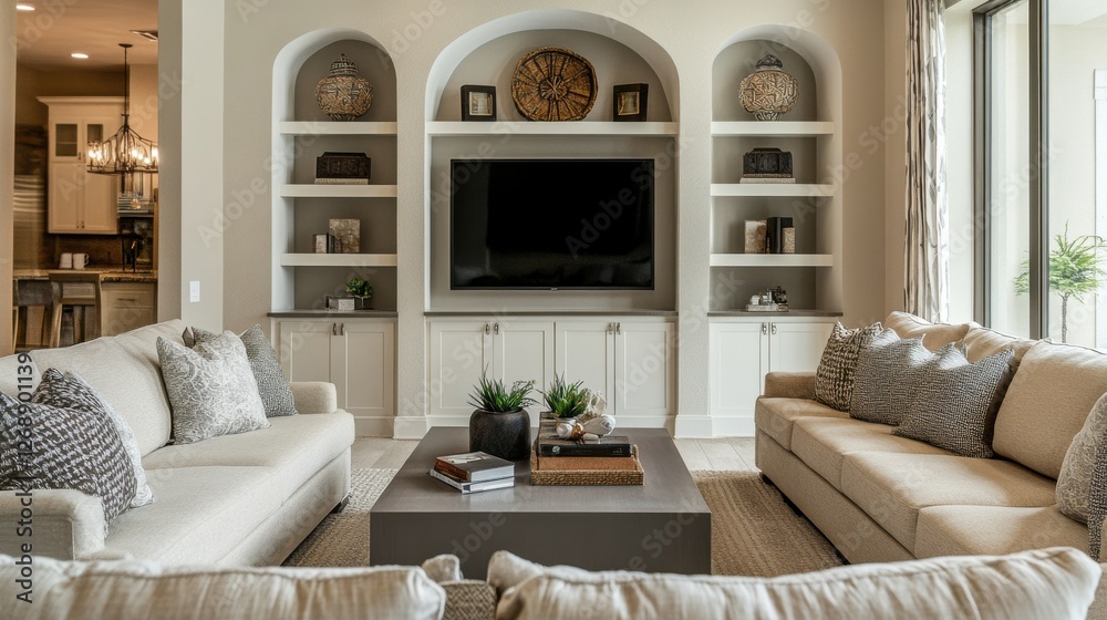 Aufkleber modern living room featuring built-in arched shelves and cozy sofas with stylish decorations for com