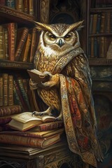 Fototapeta premium Owl wearing glasses reading a book.