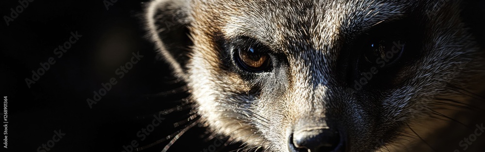 Poster meerkat in close-up revealing intricate facial features and intense gaze during a sunny afternoon in