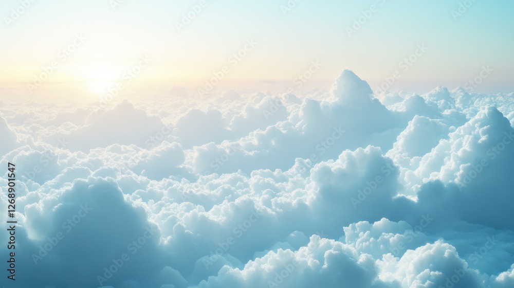 Aufkleber vast cotton-like clouds illuminated by soft sunlight in a serene blue sky at dawn or dusk