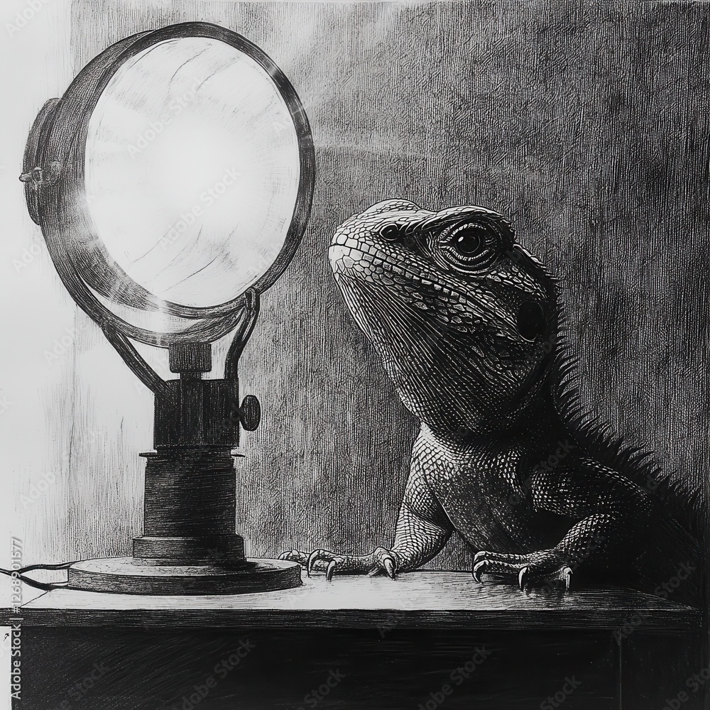 Poster lizard basking under a heat lamp while absorbing warmth and light in a cozy indoor environment