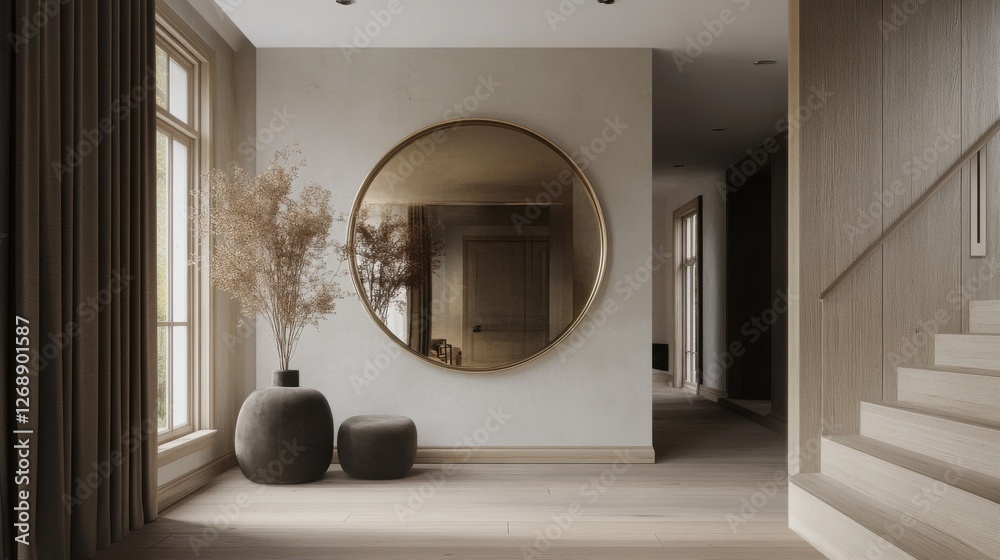 Aufkleber Hallway featuring a large circular mirror framed by minimal decor and natural elements in a modern setting
