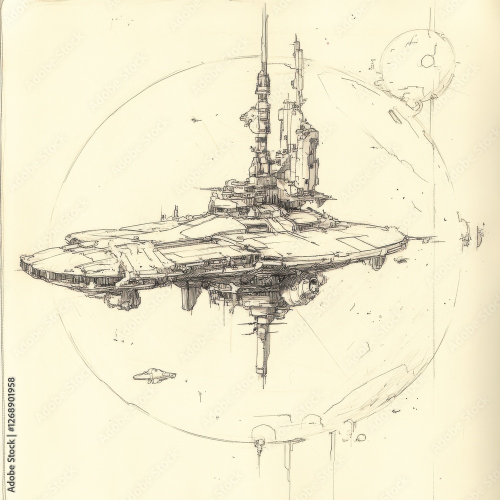 Poster futuristic space station orbits a vibrant planet, showcasing advanced engineering and sleek design