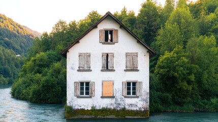 Abandoned House in Countryside Concept, Weathered Country House with Broken Shutters Beside a River Surrounded by Lush Greenery at Sunset