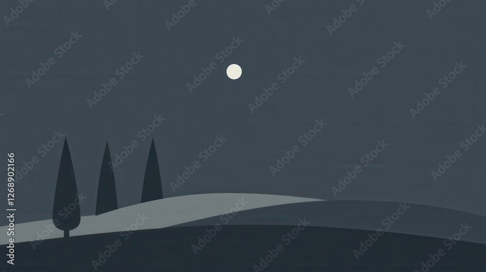 Poster nighttime landscape featuring trees and a bright moon over a rolling hill on a charcoal gray backgro