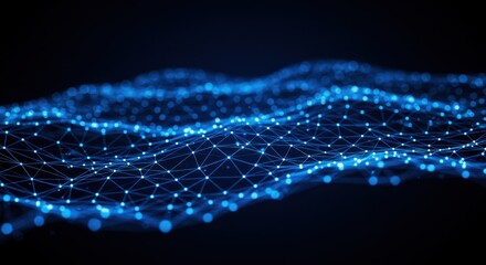 A futuristic network visualization featuring glowing blue nodes connected by thin lines symbolizing digital technology and connectivity