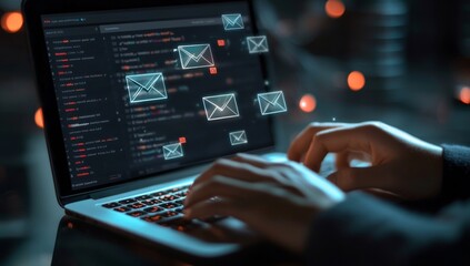 Night coder receiving emails, city bokeh