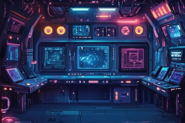 Obraz premium Futuristic spaceship control room is illuminated with neon glow