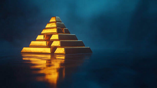 Glowing pyramid of gold bars reflecting on a dark misty surface, symbolizing wealth, power, and financial stability in a mysterious setting