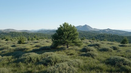 Fototapeta premium Lone pine tree on mountain meadow, scenic landscape, summer day