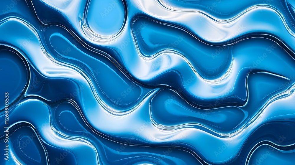 Poster Captivating abstract background featuring smooth flowing waves of vibrant blue and turquoise liquid in dynamic organic motion  The mesmerizing fluid movement creates a serene