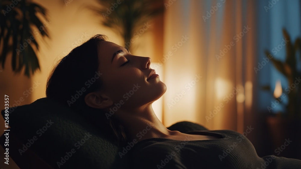 Poster in a serene and softly illuminated room, a woman reclines peacefully on a cushion. the gentle light 