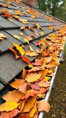 a roof gutter overflowing with autumn leaves, highlighting the need for seasonal cleaning and maintenance.