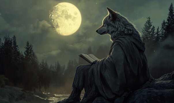 Wolf reads under moonlit sky among trees.