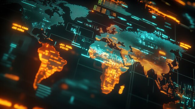 Dynamic layout showcasing global currency symbols and geographical outlines on a digital map of the world