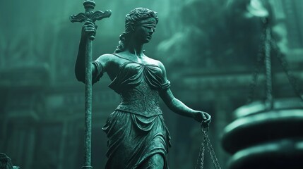 Obraz premium Lady Justice statue, scales, blindfold, courthouse background.