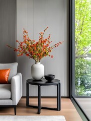 Modern Living Room Interior Design with Gray Walls - Elegant living room, gray walls, black side table, orange flowers, modern , peaceful atmosphere, home decor