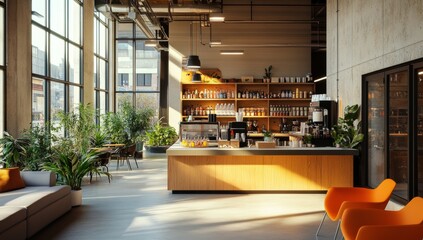 Plakat Modern office cafe, sunlit lounge, city view, breakroom