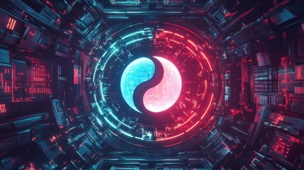 Obraz premium A futuristic corridor with a glowing yin yang symbol
