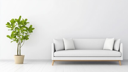 Modern Minimalist Living Room Interior - White sofa and potted plant against a white wall. Simple, clean design. Perfect for modern home decor