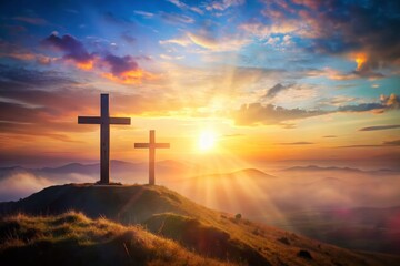 Fototapeta premium Easter Crosses Hilltop Sunrise Double Exposure Stock Photo
