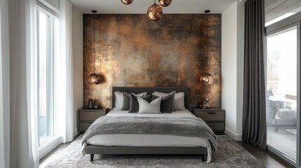 Contemporary bedroom showcasing a stylish metallic accent wall with modern furnishings