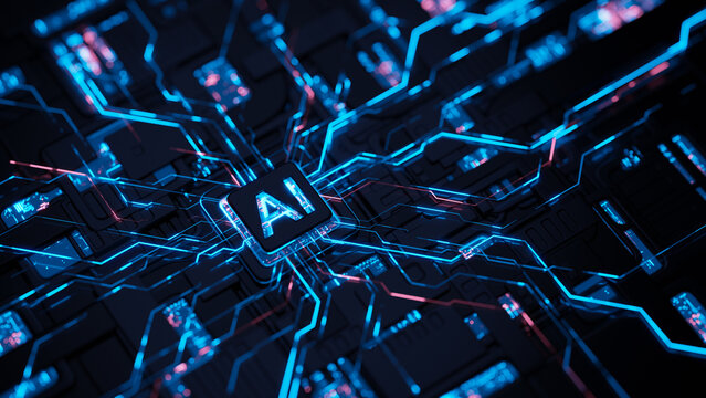 AI concept Artificial Intelligence technology circuit motherboard chip computer design machine deep learning data network analysis futuristic. 3d rendering.. - Powered by Adobe