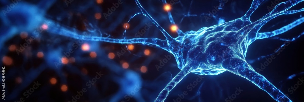 Fototapete detailed visualization of a neuron showcasing synaptic connections and glowing particles in a scient