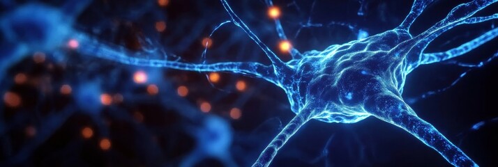 Detailed visualization of a neuron showcasing synaptic connections and glowing particles in a scientific setting. Generative AI