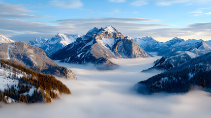 Obraz premium Snowy mountain peaks above cloudscape at sunrise; winter landscape; travel poster