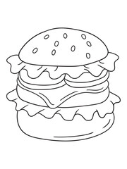 Delicious burger coloring page with a simple outline design. Great for food lovers, kids, and adults. Ideal for printable coloring books and digital artwork