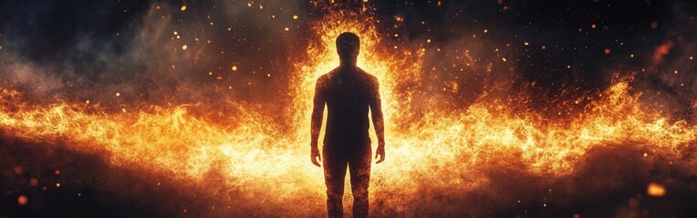 Man surrounded by glowing flames in a mystical environment during night time