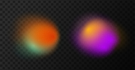 Round color gradient. Blurred grainy blob. Abstract shapes with noise texture isolated on transparent dark background. Vector illustration.