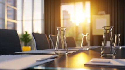 Modern conference room with glassware and papers, illuminated by sunset through large windows
